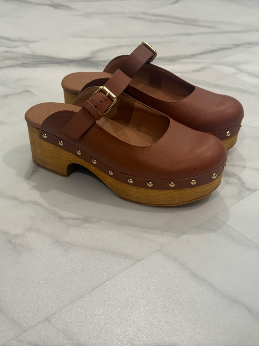 Anthropologie Chestnut Brown Leather Mary Jane Clog Mules